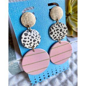 New Retro 80s Style Gold Pink Black White Leopard Print Circle Disk Earrings 3"